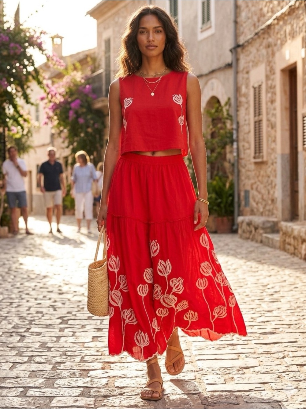 L’Affaire Boho Tiered Maxi Skirt Red Embroidered Tulip Cottagecore Festival L